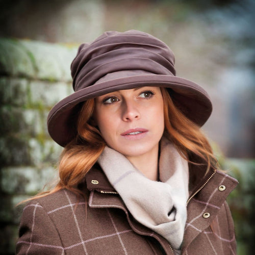 Olney Headwear Annabel Ladies Brown Waxed Rain Hat on Woman