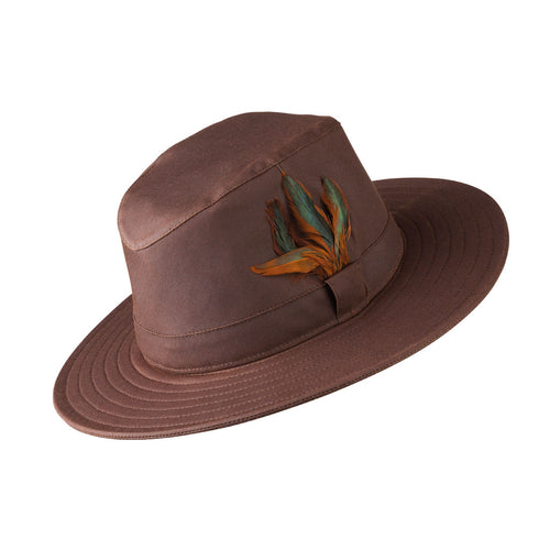 ladies fedora style wax explorer hat in brown with feathers to one side