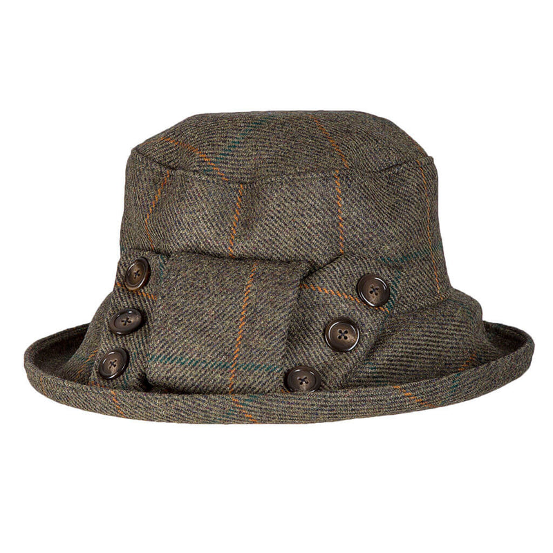 womans tweed waterproof rain hat with matching tweed bow and buttons to one side