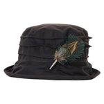 peak and brim nola brown hat with gamebird and ostrich feather hat pin