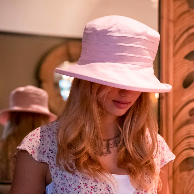 ladies linen pink wide brim sun hat