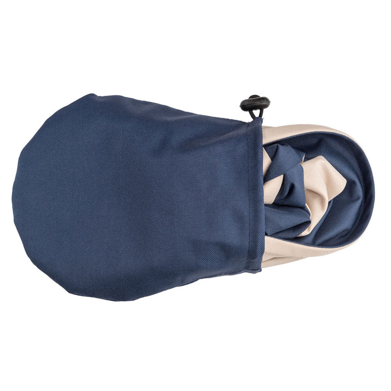 small navy bag carrying navy packable rain hat
