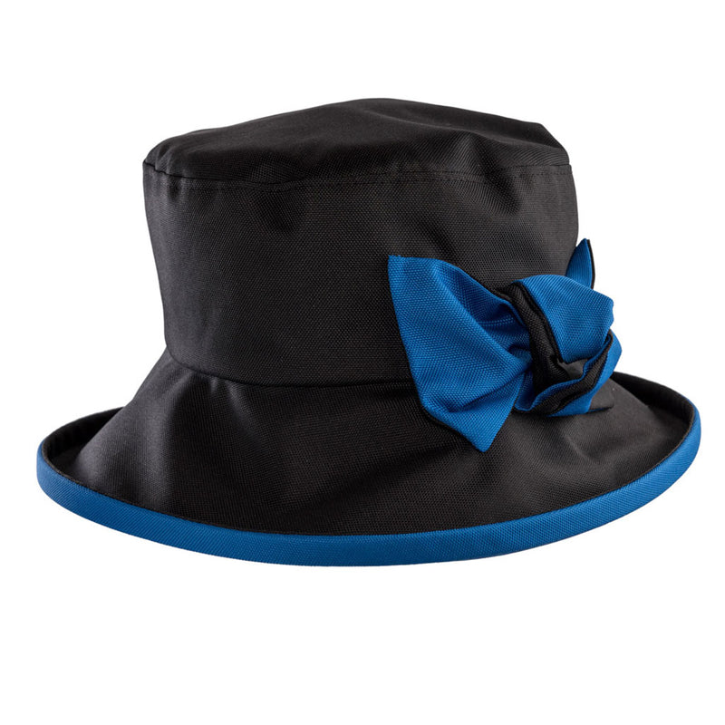 ladies black rain hat with royal blue bow and under brim