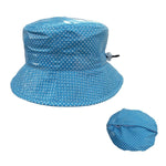 Proppa Toppa PT60 Felicity Light Blue With White Spots Ladies Packable Rain Hat Also Shown Packed Into Its Own Lining To Form A Pouch