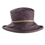 ladies aubergine coloured wide brim linen sun hat with natural cord round crown of hat